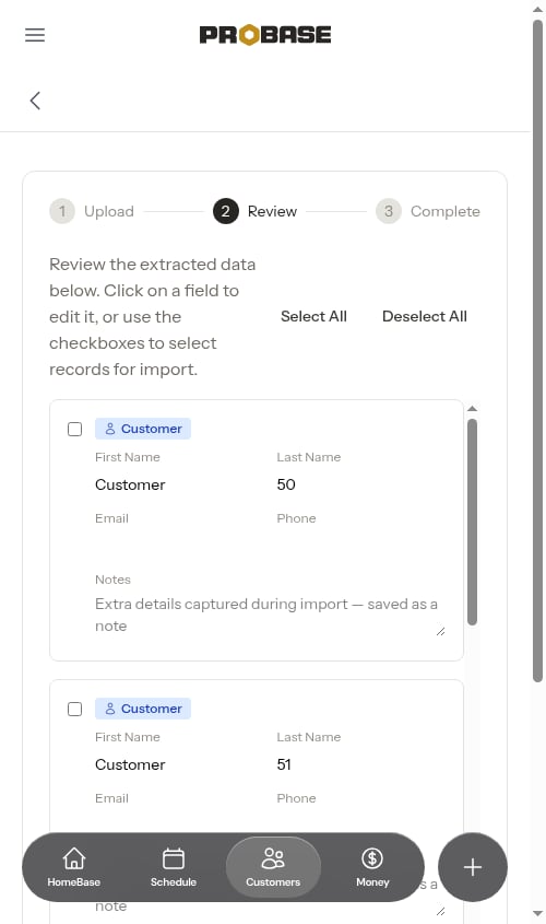 Import review screen, second page