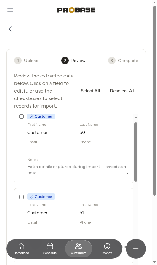 Import review screen showing per-record checkbox state preserved across pages