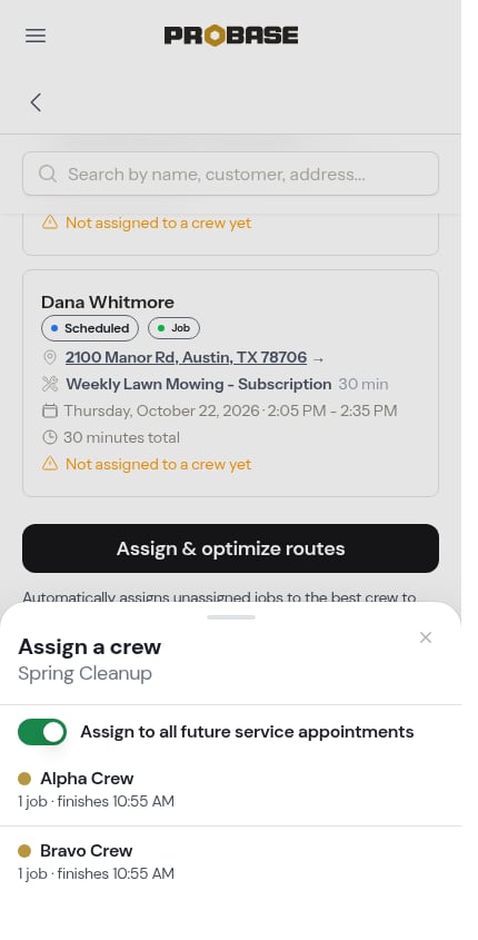 The Assign a crew sheet opened from the list