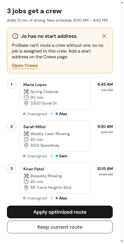 Assign & optimize naming a crew with no start address