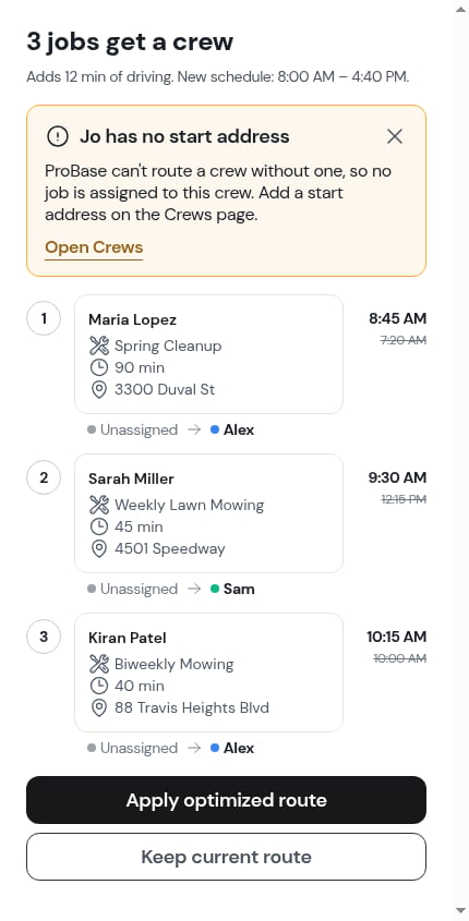 Assign & optimize naming a crew with no start address