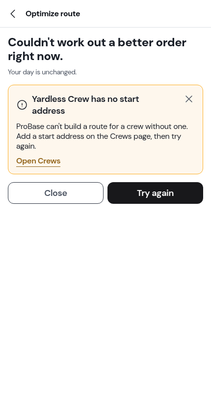 The optimize preview naming a crew with no start address