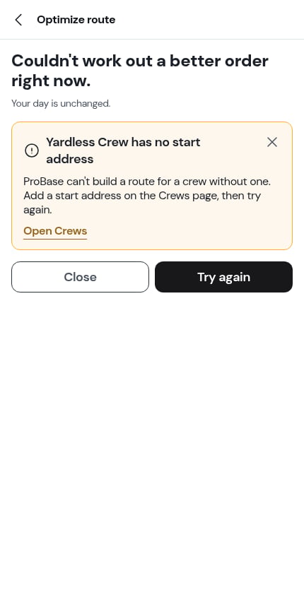 The optimize preview naming a crew with no start address