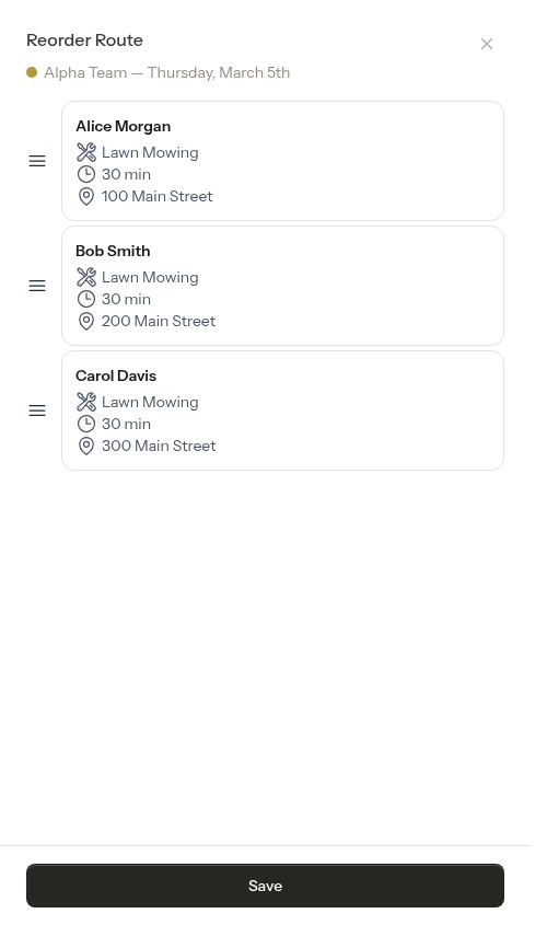 Reorder route panel with draggable stops