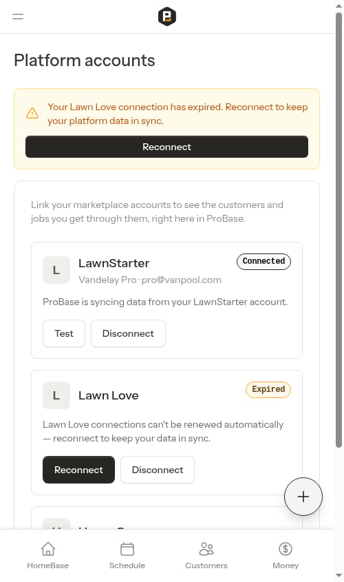 Platform accounts page with one card per marketplace