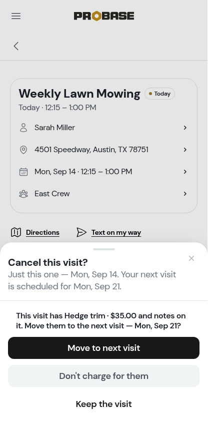 The cancel sheet asking about the visit's charges