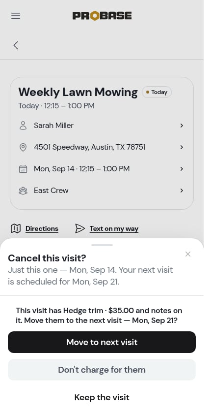 The cancel sheet asking about the visit's charges