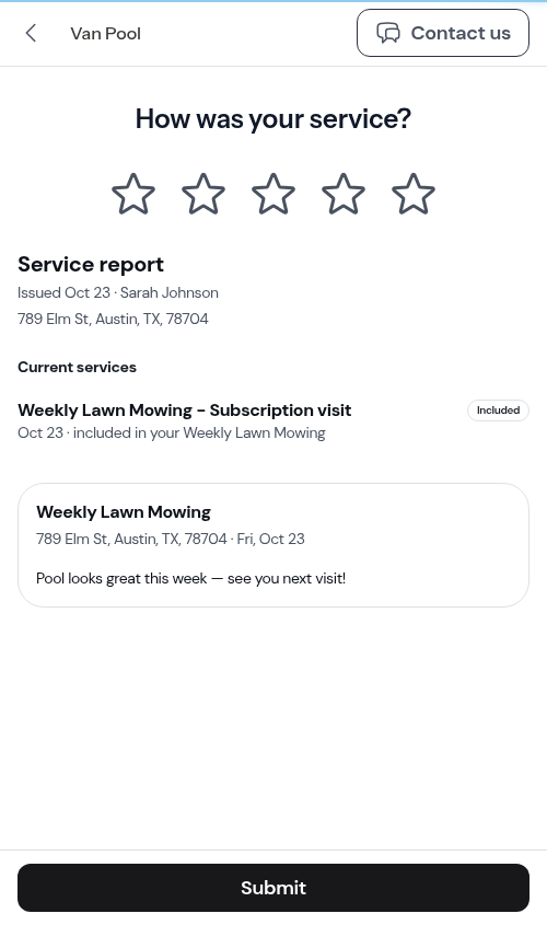 Service review screen for a completed visit