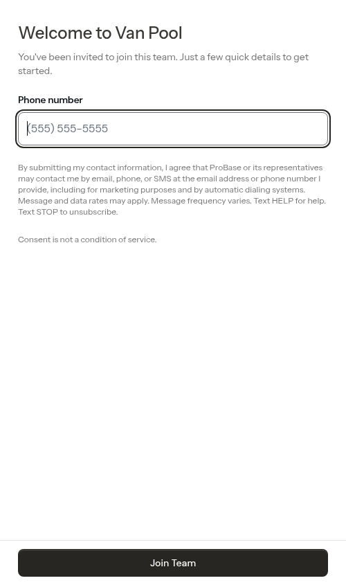 Join team page with phone number field