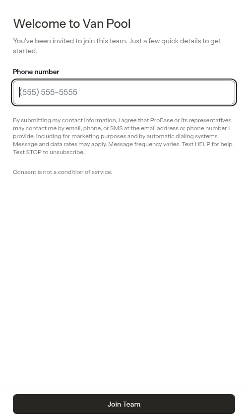 Join team page with phone number field