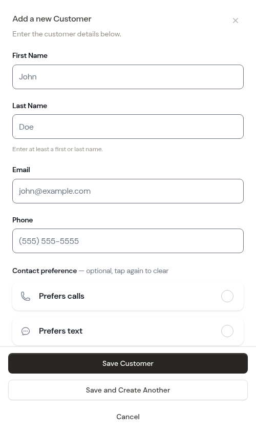 Customer create modal