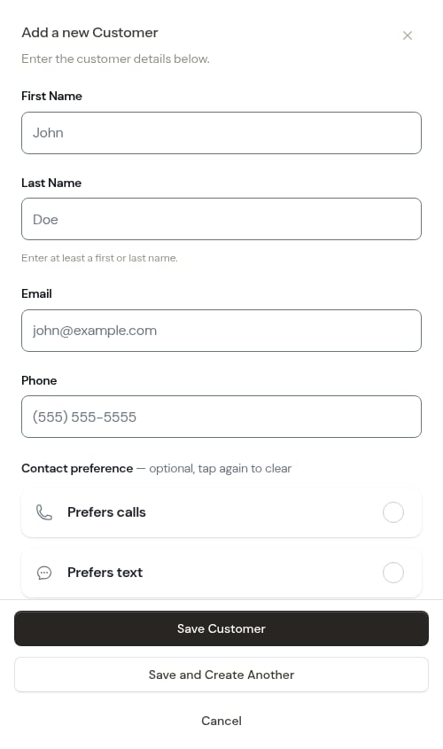 Customer create modal