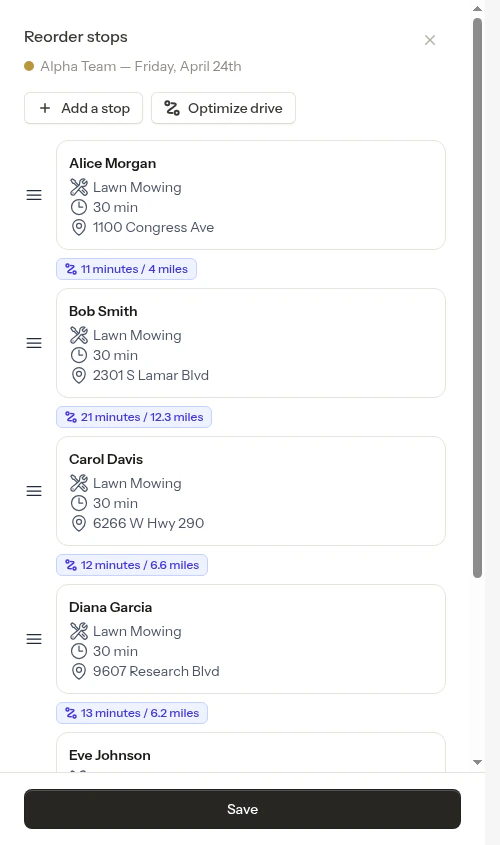 Reorder modal with Optimize drive button