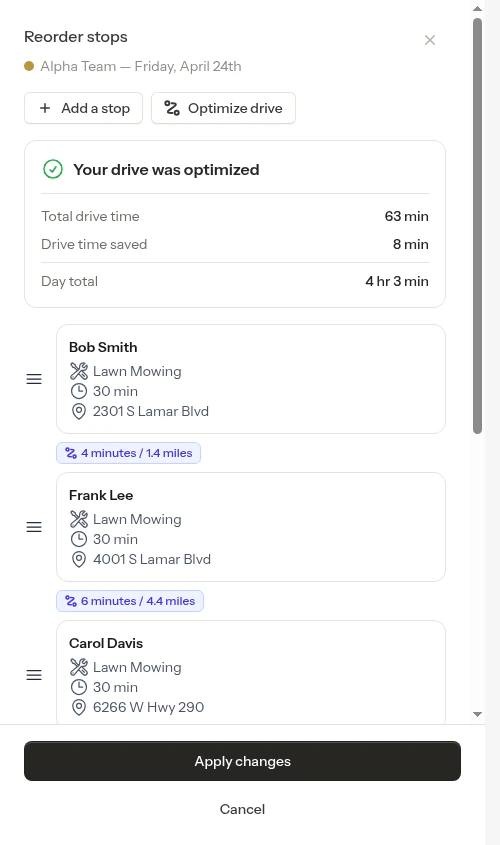 Optimized view with drive time summary