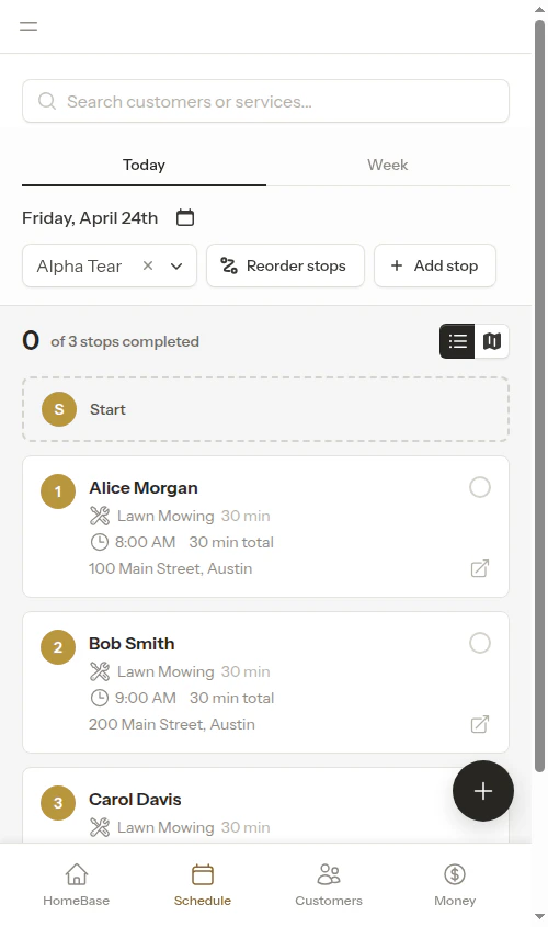 Calendar with crew selected and Reorder Stops button visible