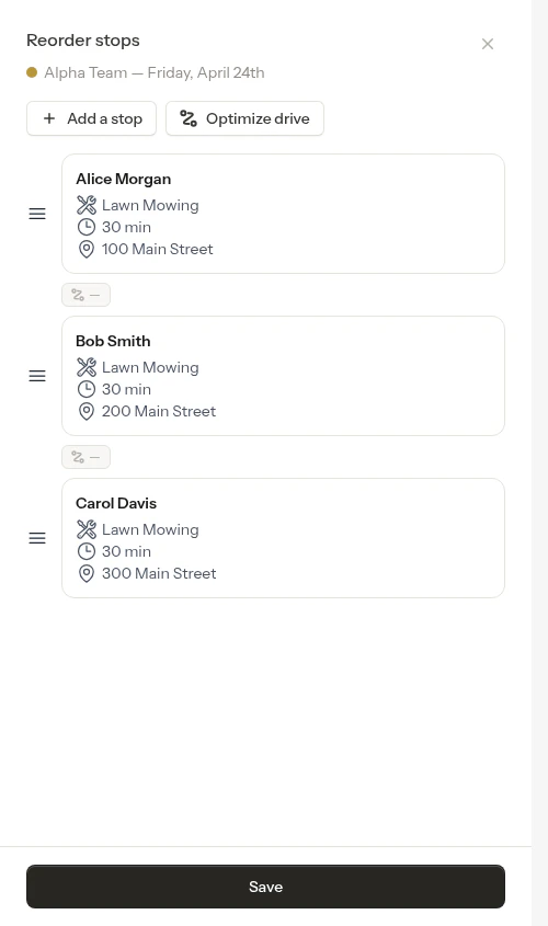Reorder route panel with draggable stops