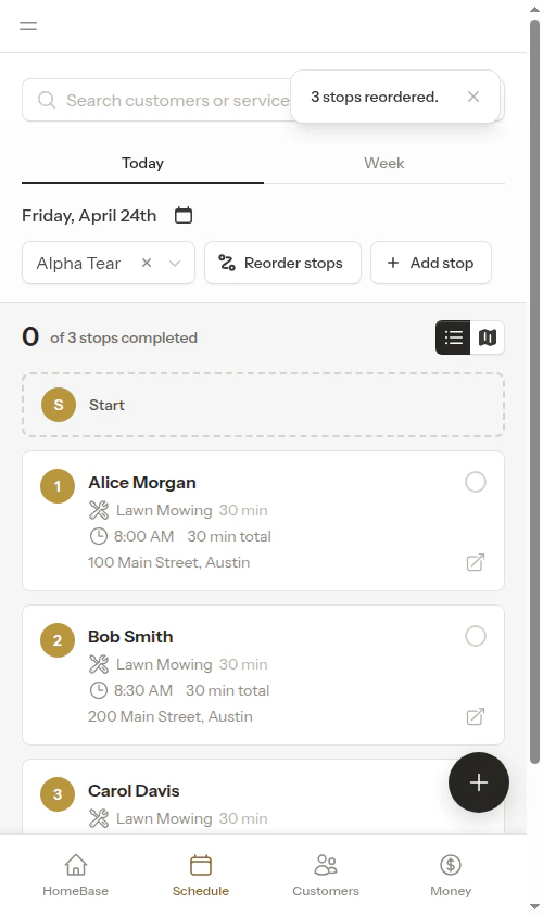 Calendar after saving the reordered route