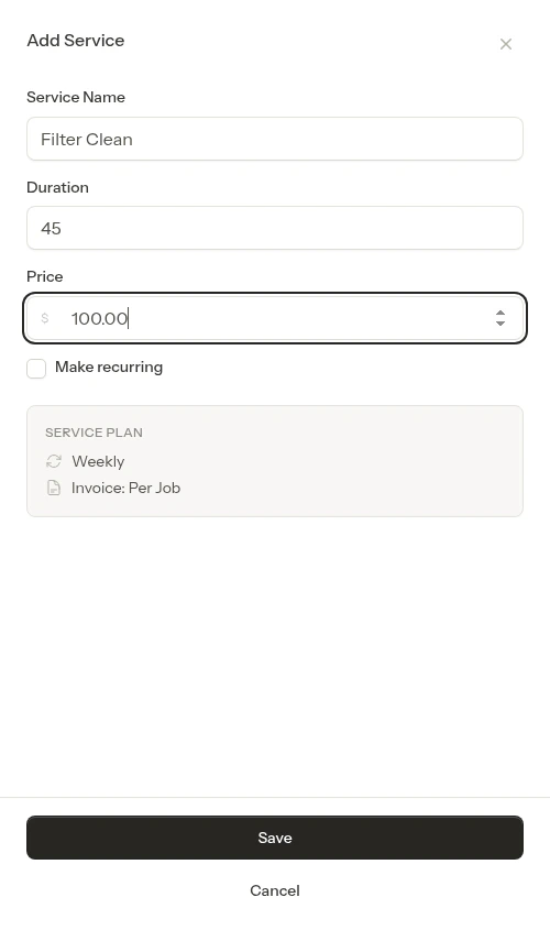 Service item form filled