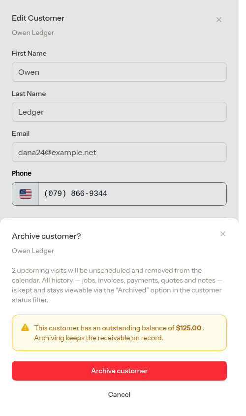 Archive confirmation showing upcoming visits and an outstanding balance warning