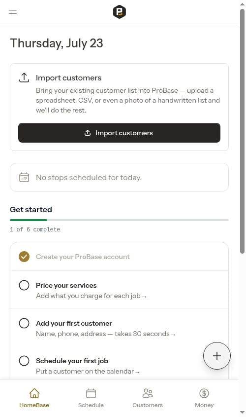 Import customers card on HomeBase