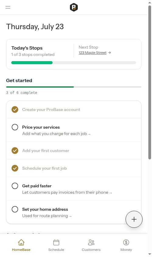 HomeBase dashboard with today's progress