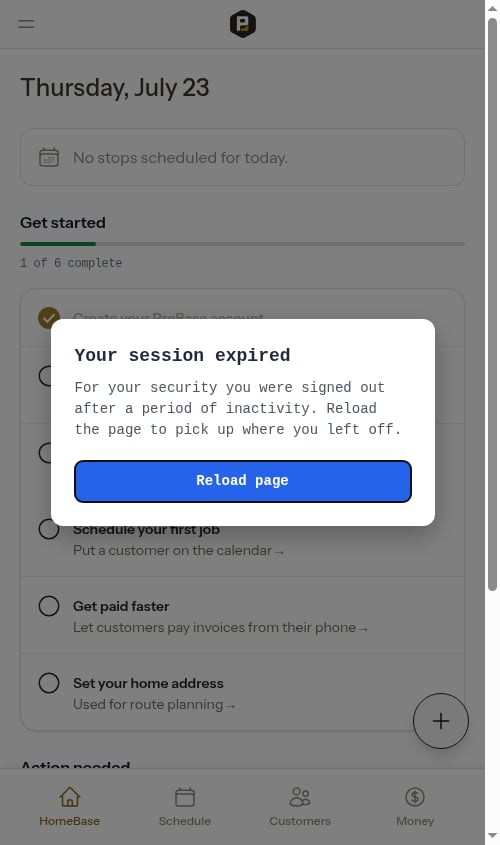 The friendly session-expired prompt with a Reload page button
