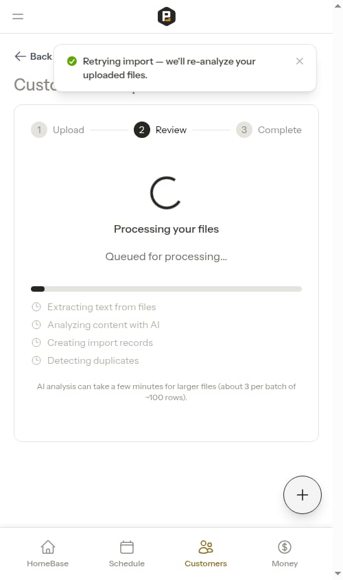 An import re-processing after tapping Retry Import
