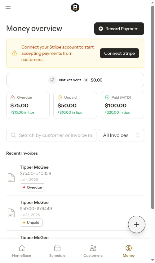 Summary cards with tip rollup amounts