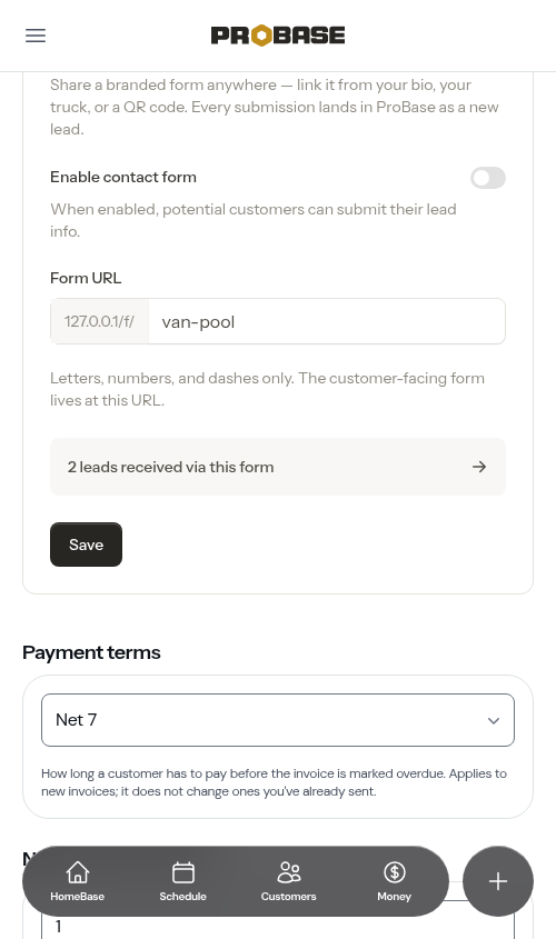 Contact Form section before it has been enabled