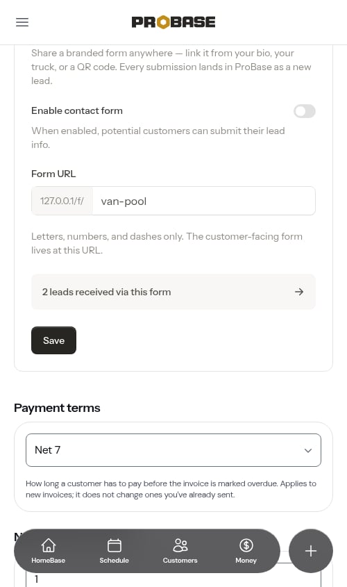 Contact Form section before it has been enabled
