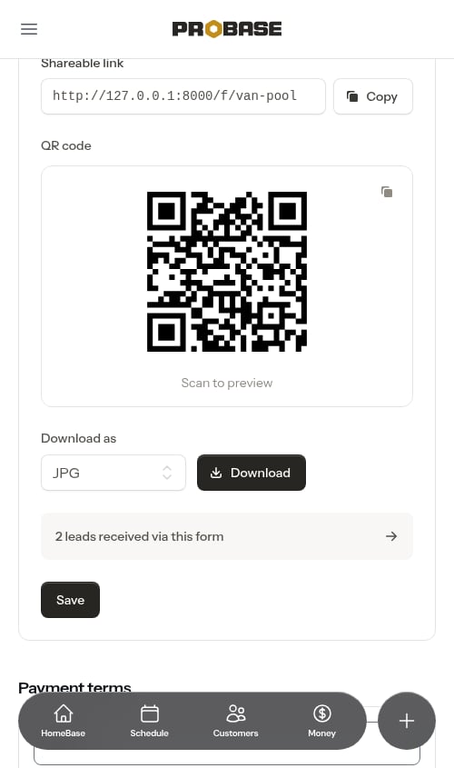 Contact Form section with the toggle enabled and a URL entered