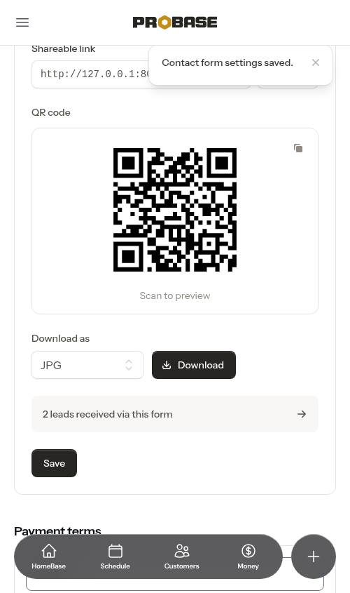 Contact Form settings after saving, showing the shareable link and QR code