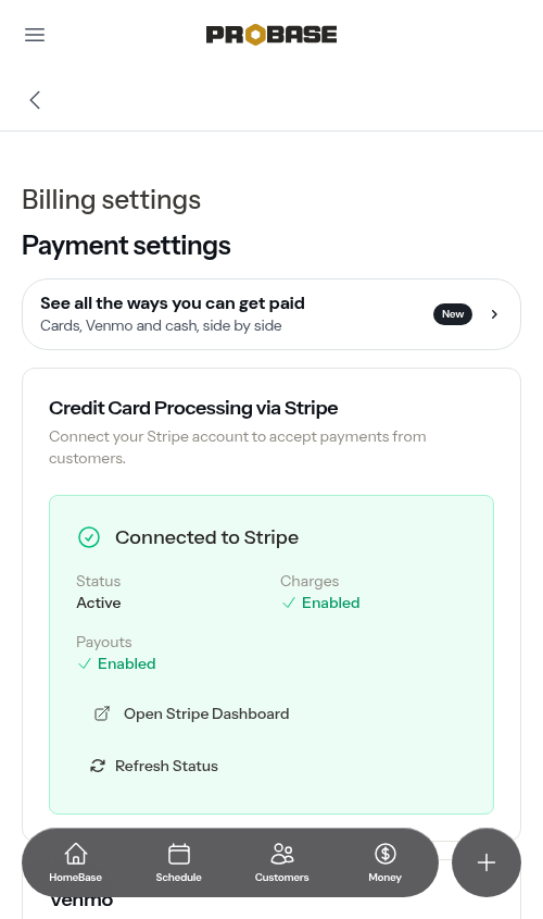 Connected to Stripe card showing Active status