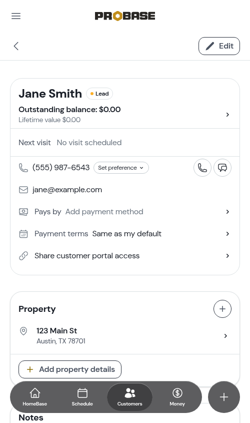 A new customer with the property address filled in from a suggestion