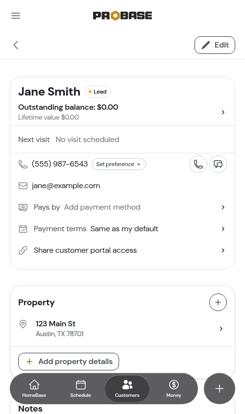 A new customer with the property address filled in from a suggestion