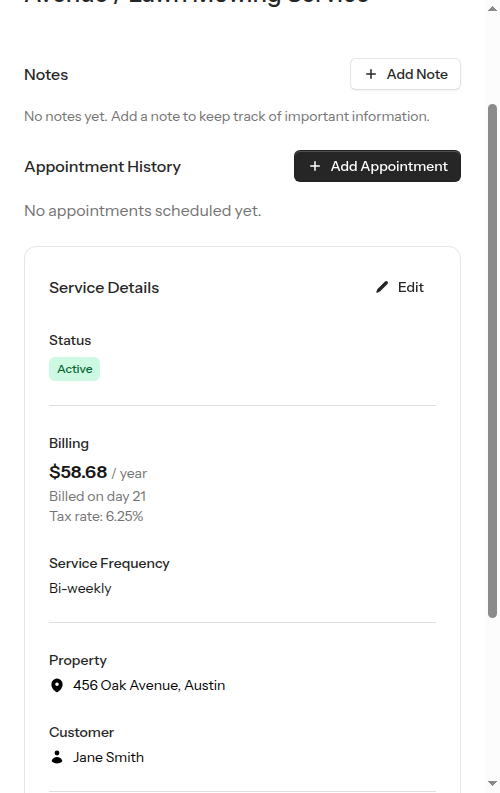 Service details before adding appointment