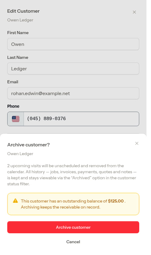 Archive confirmation showing upcoming visits and an outstanding balance warning