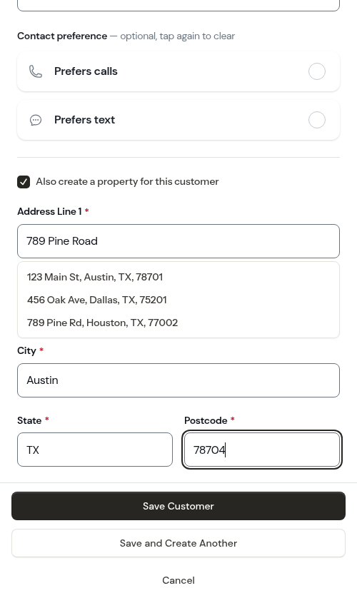 Save Customer and Save and Create Another buttons at the bottom of the form
