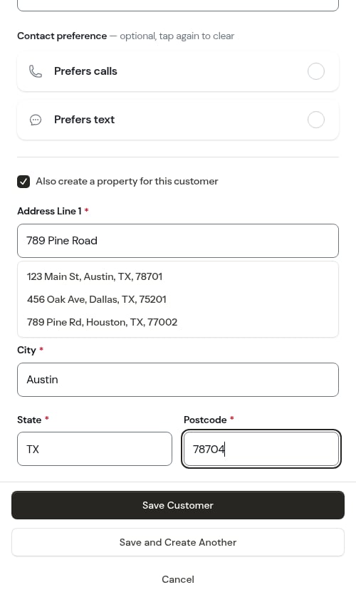 Save Customer and Save and Create Another buttons at the bottom of the form