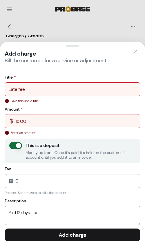 Adding a charge on the invoice