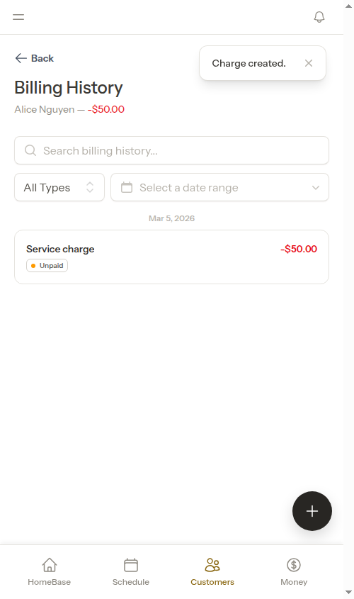 Charge created in billing history