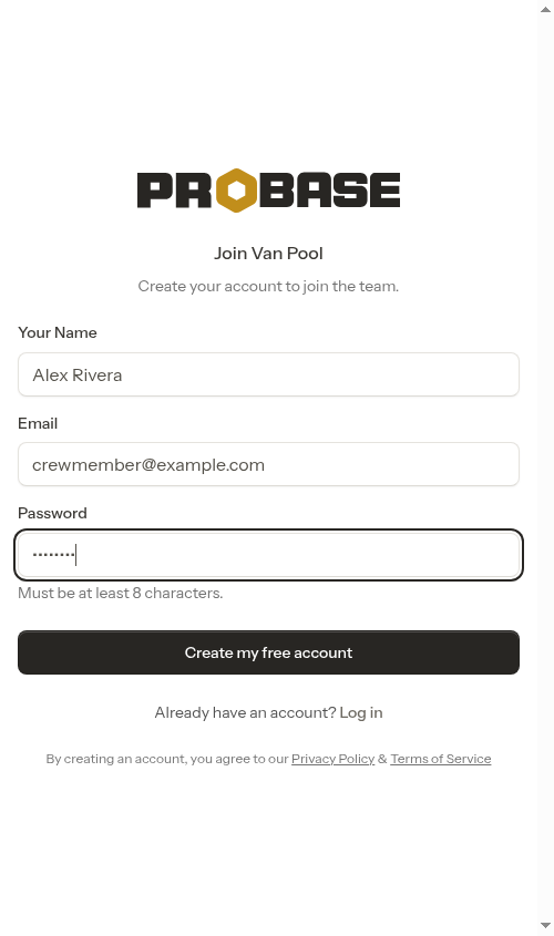 Registration form filled in