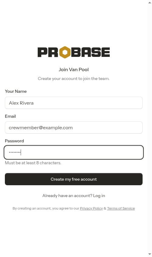 Registration form filled in