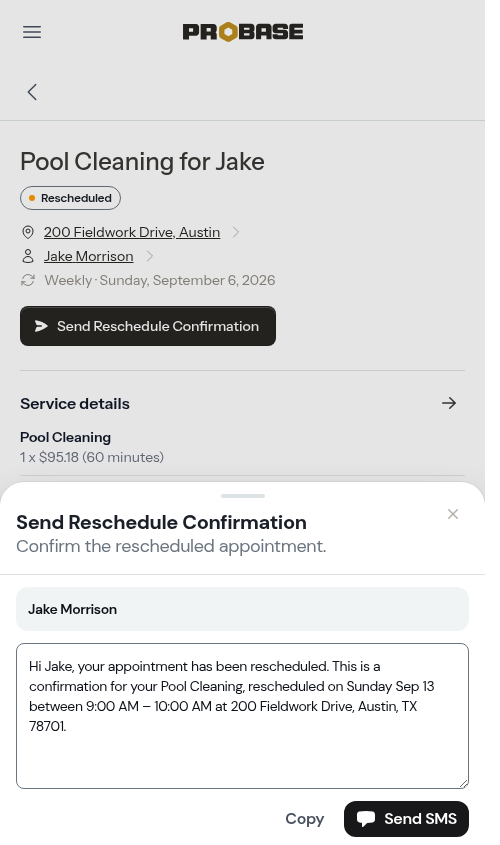 Send Reschedule Confirmation SMS modal