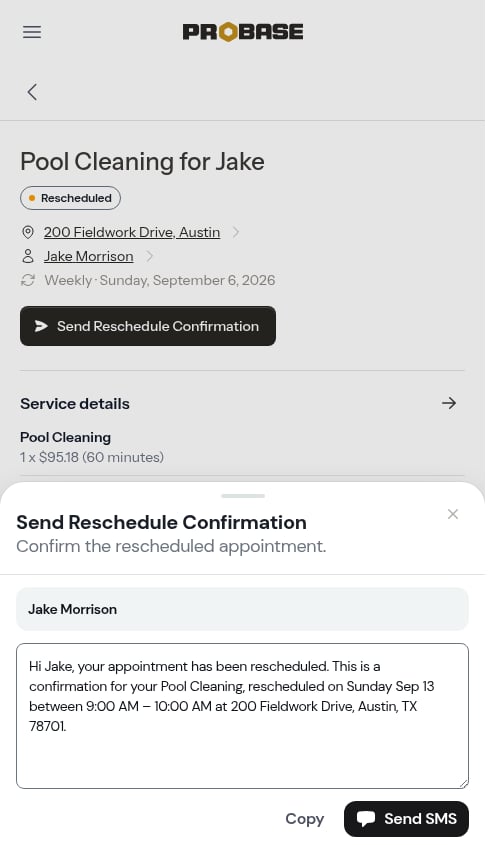 Send Reschedule Confirmation SMS modal