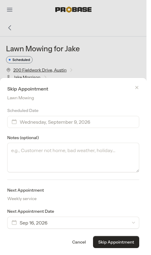 Skip modal with next appointment date