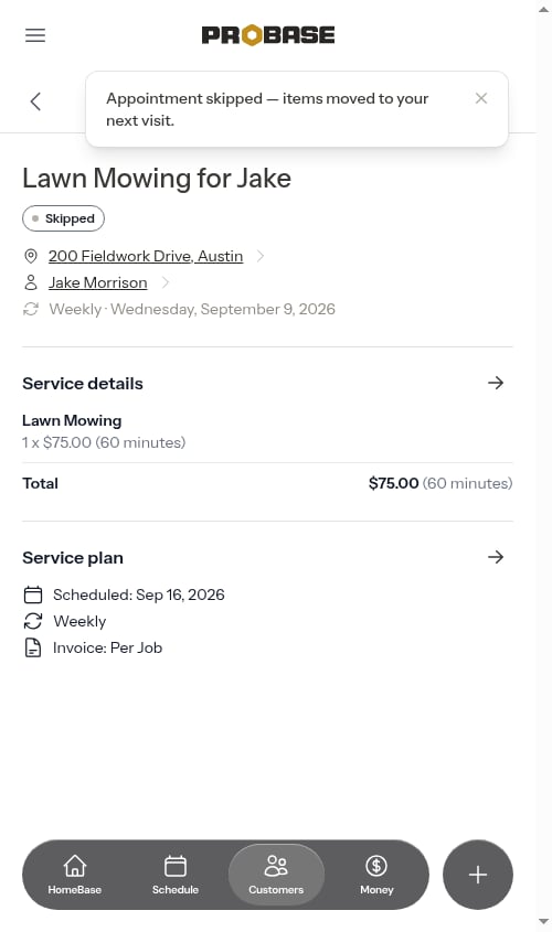 After skipping — items moved to the existing next visit