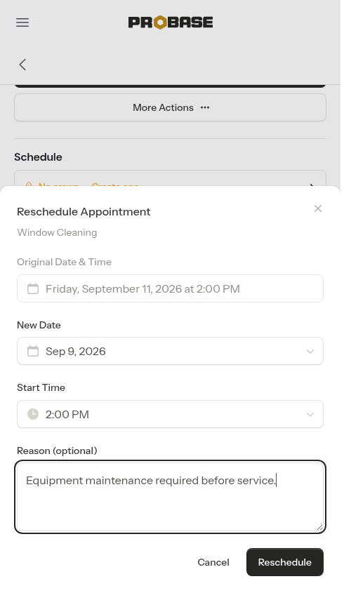 Reschedule form filled in
