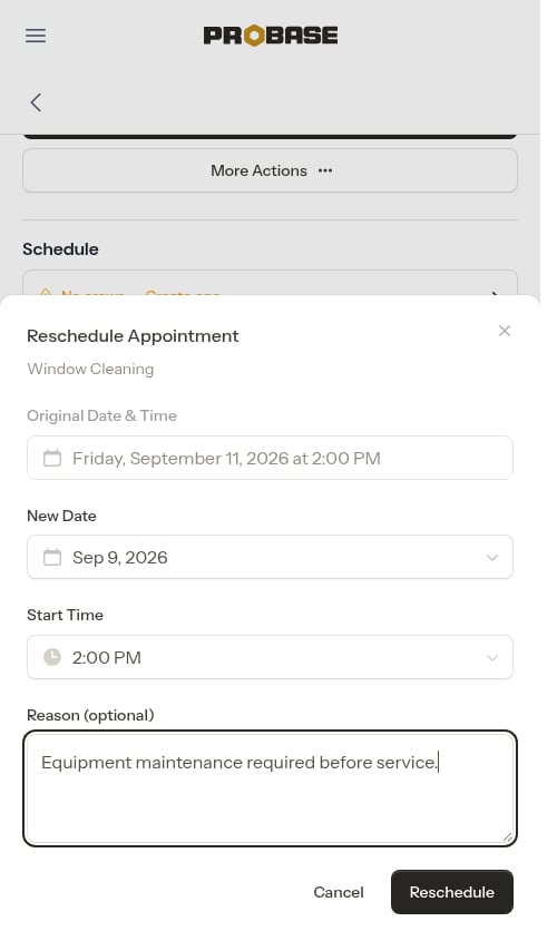 Reschedule form filled in