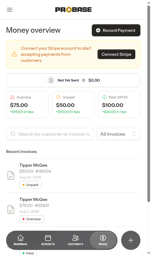 Summary cards with tip rollup amounts